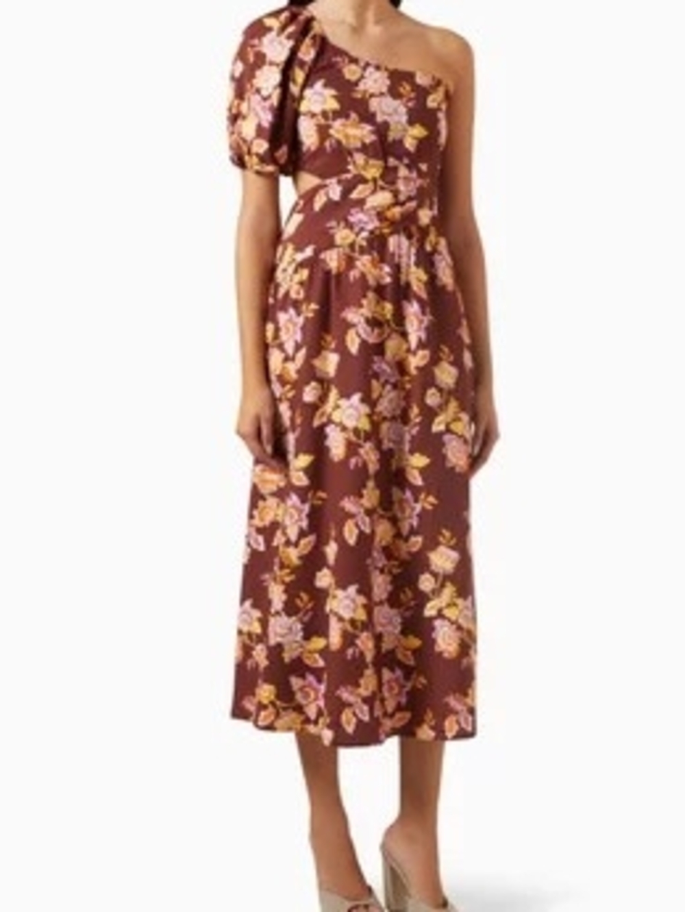 MINKPINK One-Shoulder Giselle Floral Midi Dress with Pink & Yellow Blooms